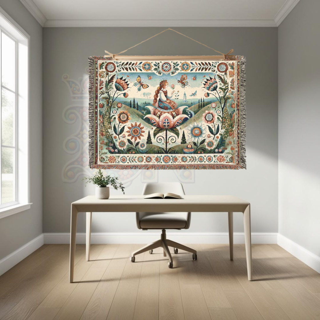 Whimsical Folk Art Thumbelina Inspired Princess Woven Blanket, 100% Cotton Tapestry – Storybook Fairytale Throw, Nordic Boho Home Decor, Cozy Gift for Her