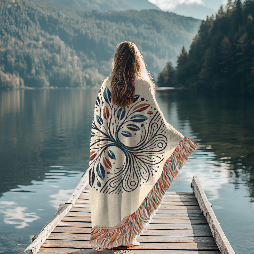 Tree of Life Woven Throw Blanket – Nature-Inspired Cotton Tapestry in Blue & Rust