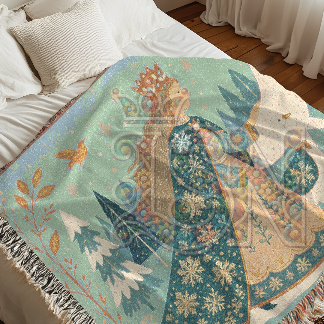 Winter Queen’s Procession Enchanted Folk Art Woven Blanket – Cozy 100% Cotton Throw