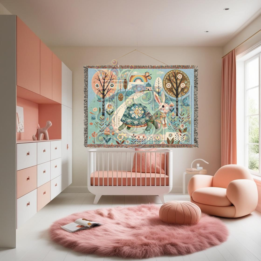 Whimsical Folk Art Woven Blanket – Tortoise & Hare Race | 100% Cotton Cozy Throw | Nursery, Cottagecore & Storybook-Inspired Décor