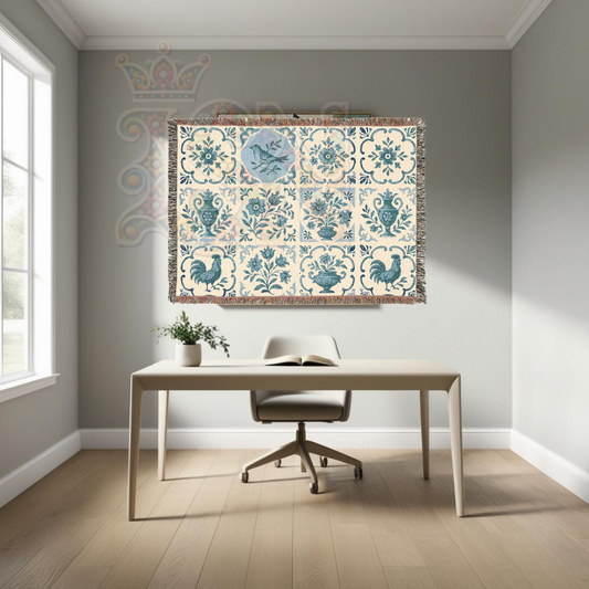 French Folk Tile Woven Blanket – Blue & Cream Tapestry Throw with Rooster, Bird & Floral Motifs – 100% Cotton Country Cottage Decor