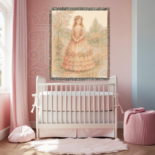 Dreaming Fairy Maiden – Fairycore Woven Blanket with Soft Pastel Floral Garden