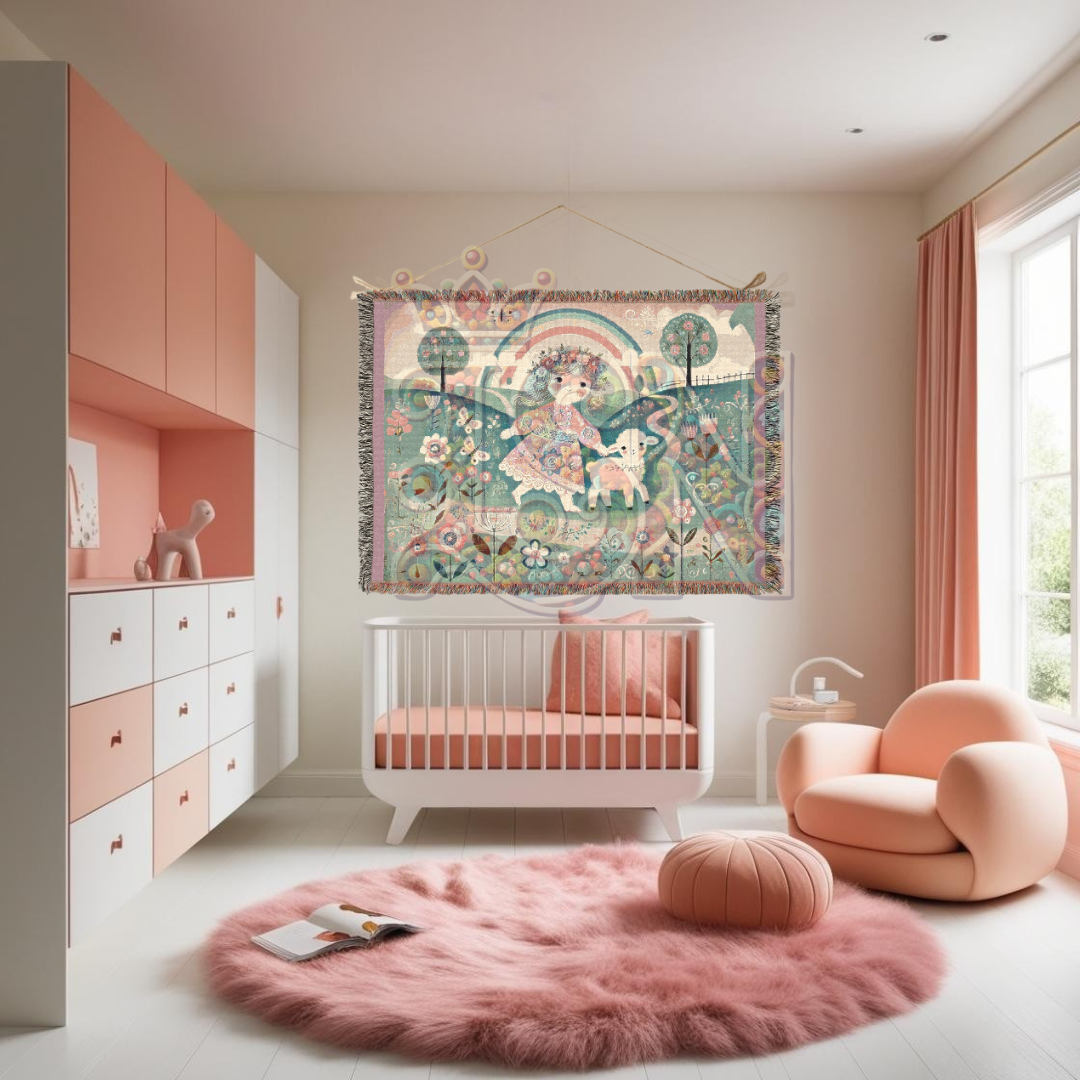 Mary Had a Little Lamb Woven Blanket, Light Pastel Fairytale Cotton Tapestry Throw