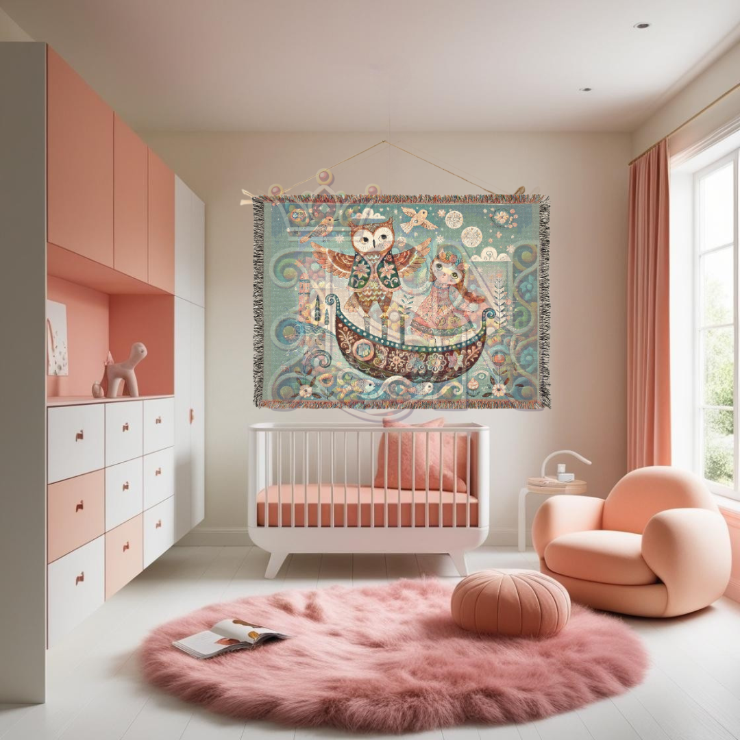 Owl & Pussycat Folk Art Woven Blanket, 100% Cotton Tapestry – Whimsical Storybook Throw, Boho Light Cottagecore Decor, Unique Gift for Dreamers