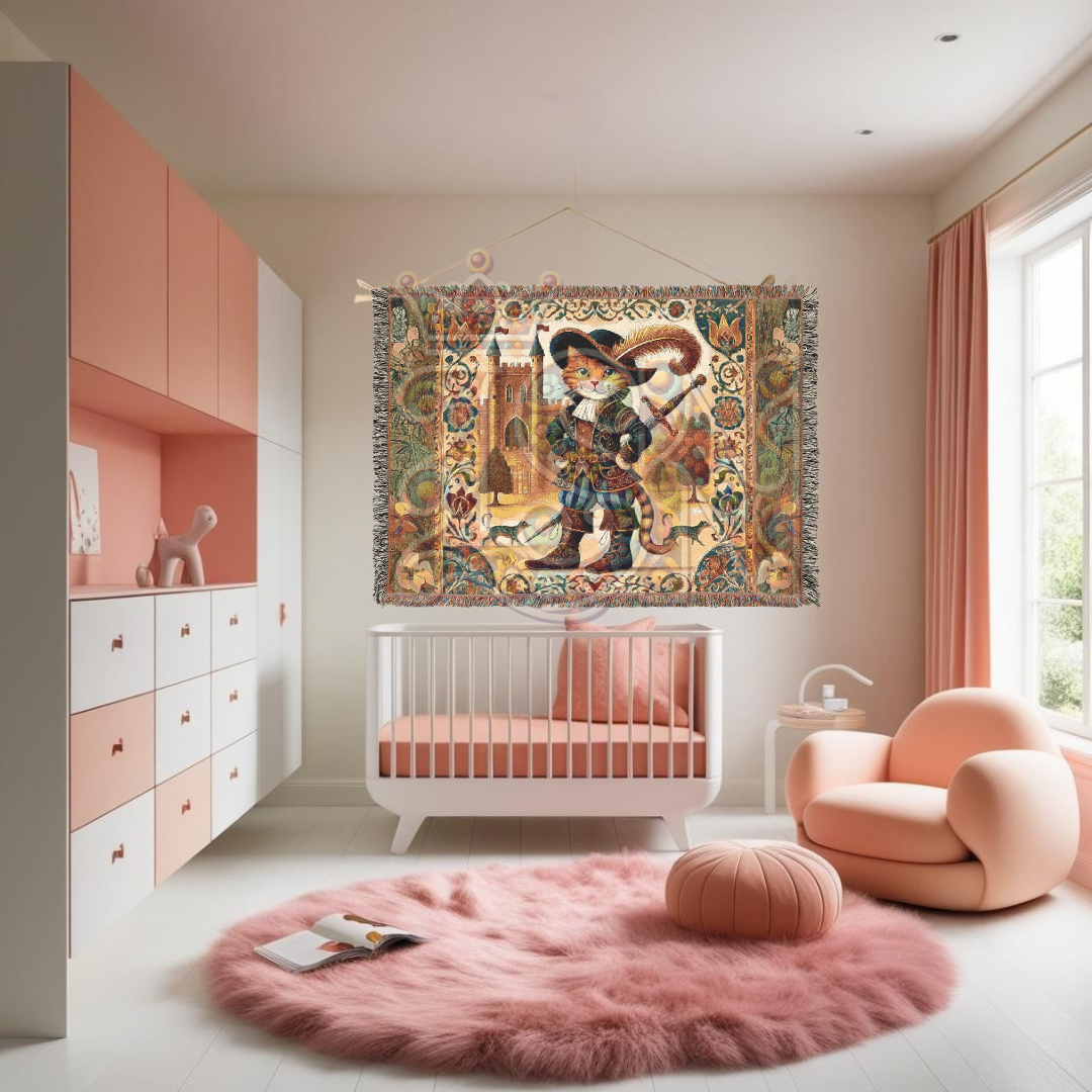 Puss in Boots Woven Blanket - 100% Cotton Tapestry Throw, Fairy Tale Cat Decor, Medieval Castle Art, Whimsical Vintage Gift