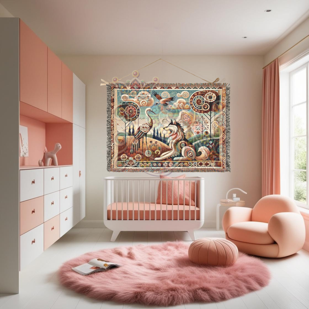 Boho Mystical Wolf & Crane Tapestry Blanket – Inspired by Aesop's Fables - Folk Art Nature Woven Throw, Whimsical Animal Decor for Dreamy Homes & Cozy Spaces
