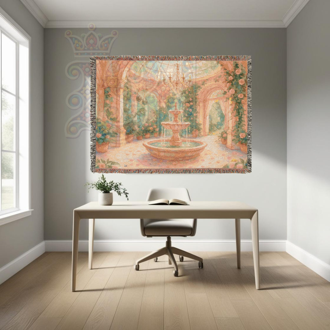 Sunlit Rose Garden Fairycore Woven Blanket – Enchanted Courtyard Throw