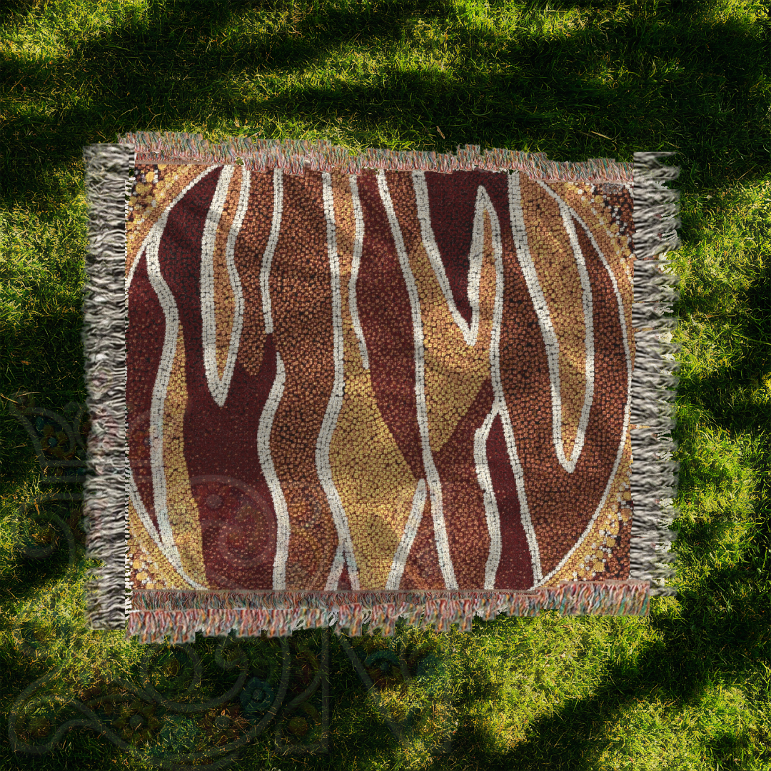 Australian Art-Inspired Woven Blanket – Earthy Tribal Tapestry with Nature Motifs