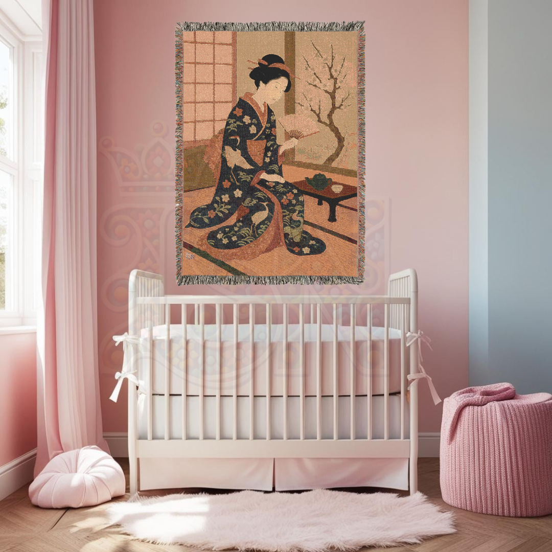 Reading by the Window Blanket – Geisha in Spring Woven Blanket – Japanese-Inspired Tapestry Throw with Cherry Blossoms