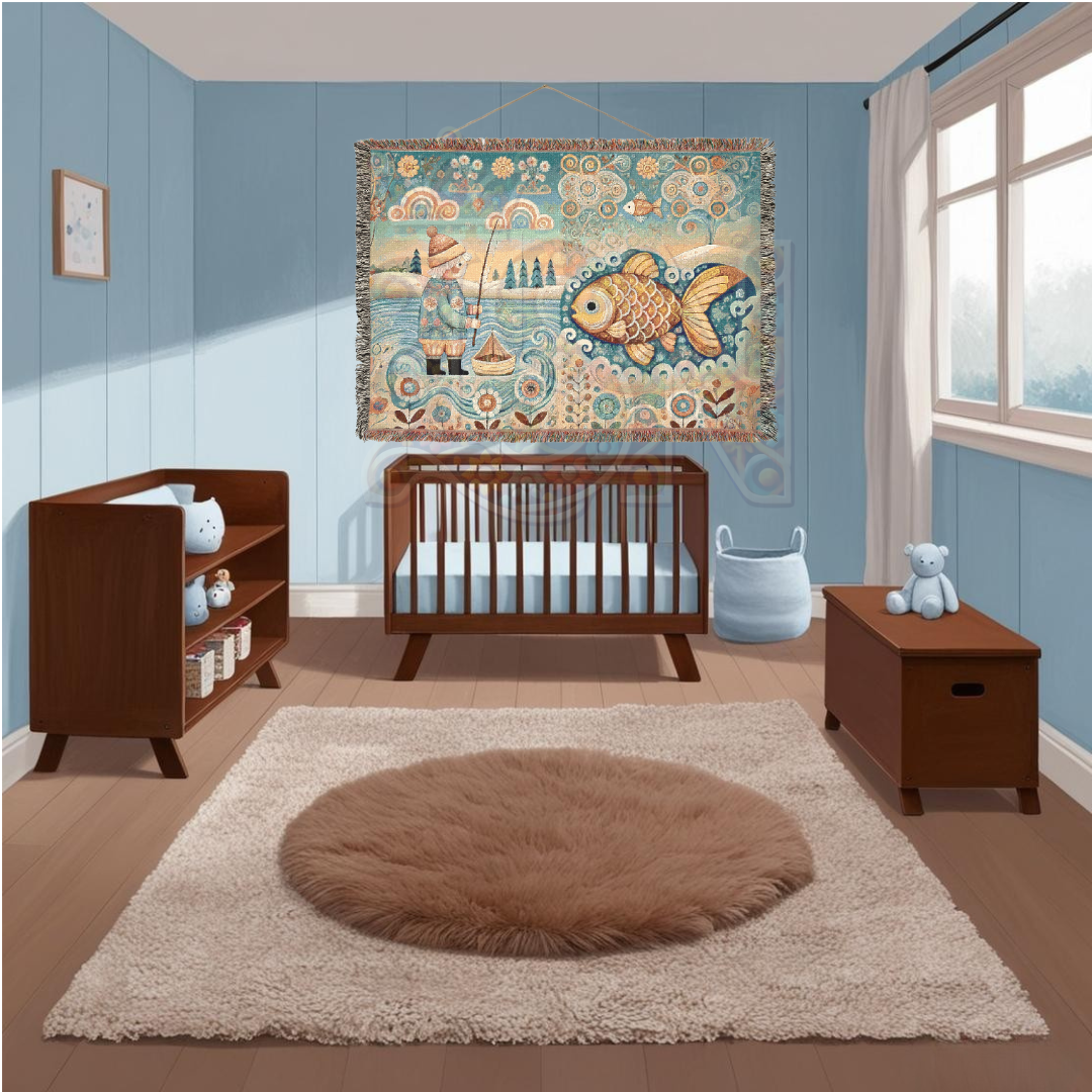 Golden Fish & Little Fisherman Woven Blanket, Folk Art Fairytale Light Tapestry – 100% Cotton Cozy Throw
