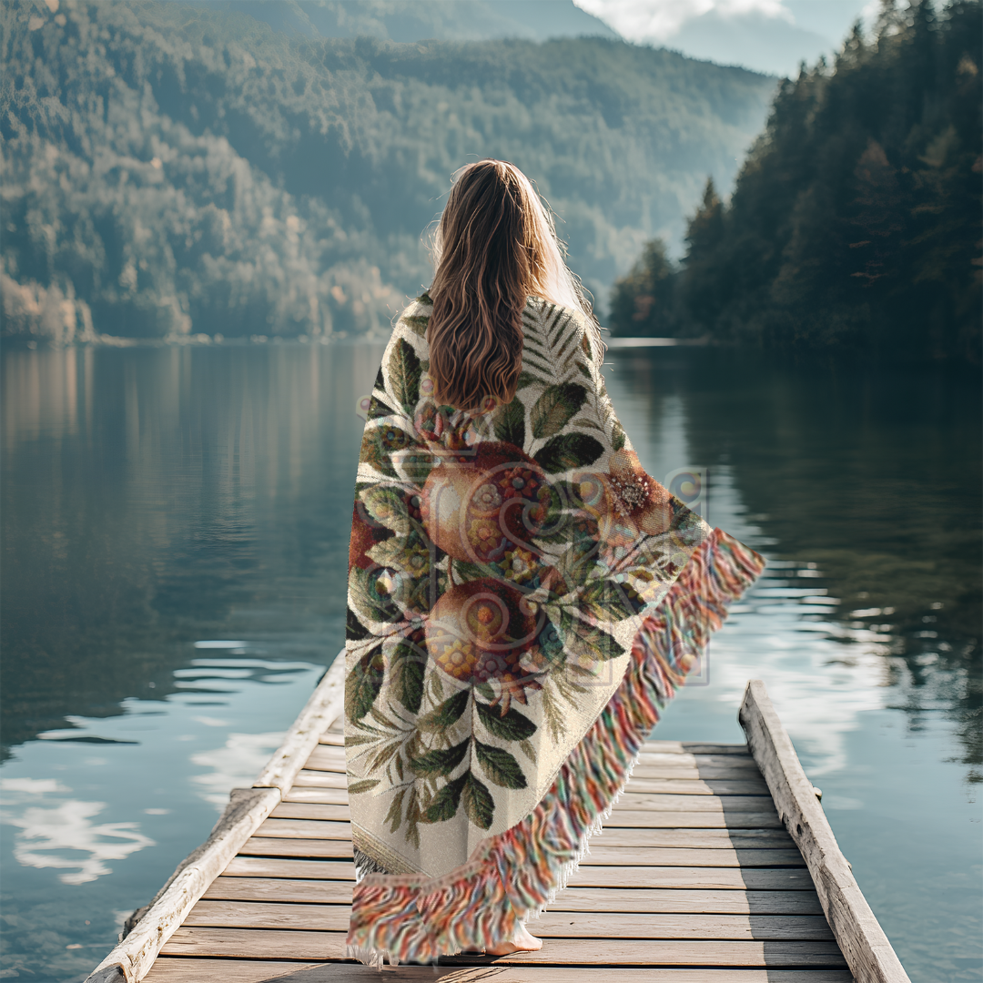 Pomegranate Blessing Woven Botanical Throw Blanket – 100% Cotton Heirloom Tapestry for Home & Gift
