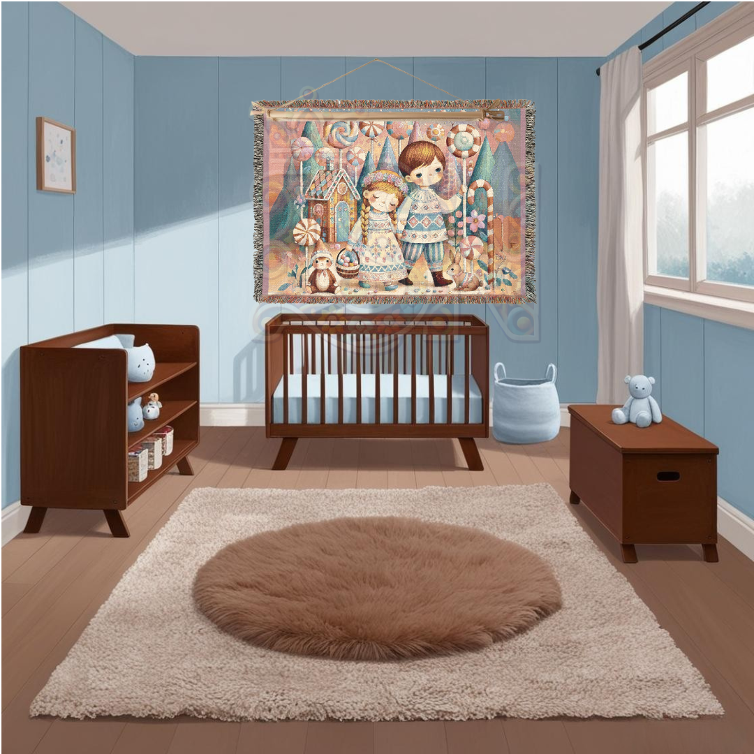 Hansel & Gretel Inspired Enchanted Candyland Village – Fairytale Woven Blanket