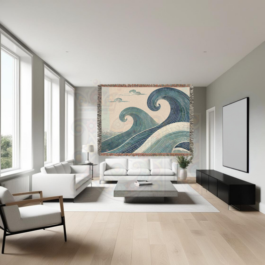 Ocean Waves Blue Tones Woven Blanket, Flowing Lines Coastal Throw, Serene Beach Home Decor Gift
