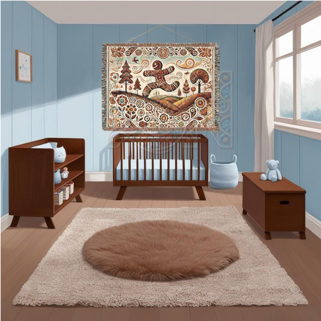Whimsical Gingerbread Village Woven Blanket – Cozy Folk Art
