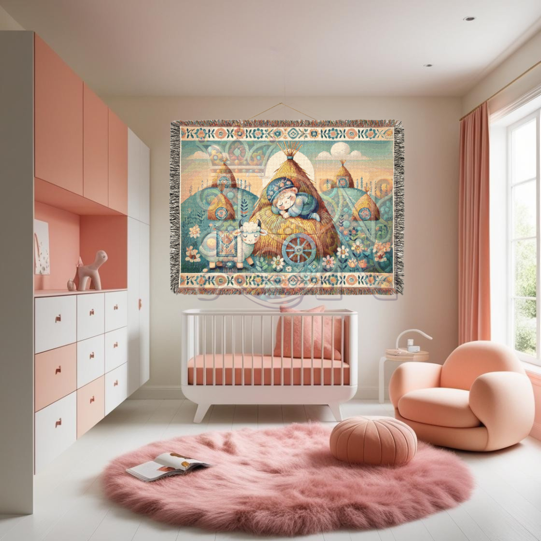 Little Boy Blue Inspired Cozy Farm Woven Blanket – 100% Cotton Tapestry Throw – Sleeping Boy & Sheep Pastoral Scene, Rustic Country Decor, Folk Art Style