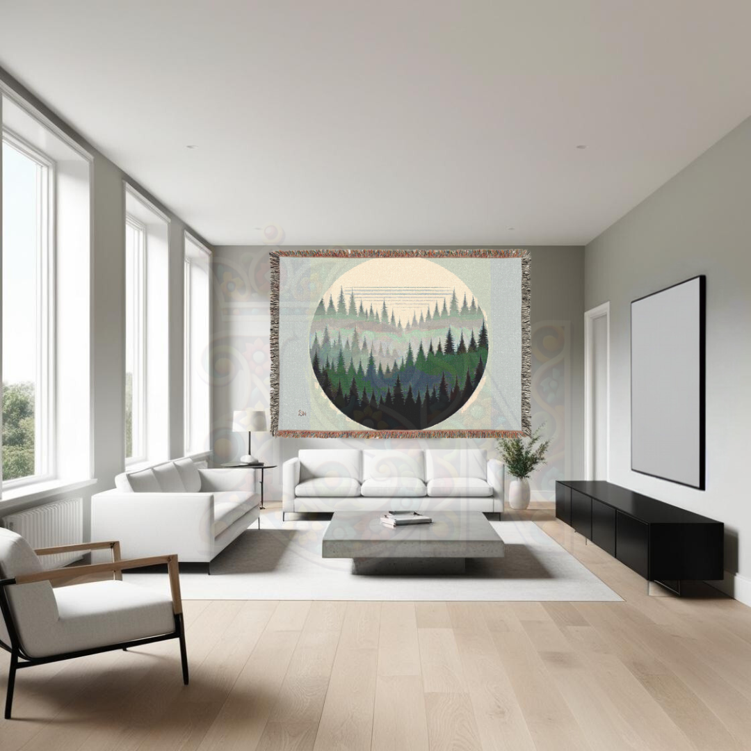 Forest Circle Minimalist Woven Blanket, Layered Woodland Pines Cozy Throw, Nature Inspired Home Decor Gift