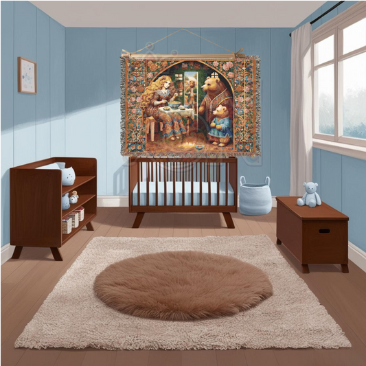 Goldilocks & The Three Bears Woven Blanket - 100% Cotton Fairytale Throw - Old World Cottagecore Tapestry - Storybook Art Home Decor