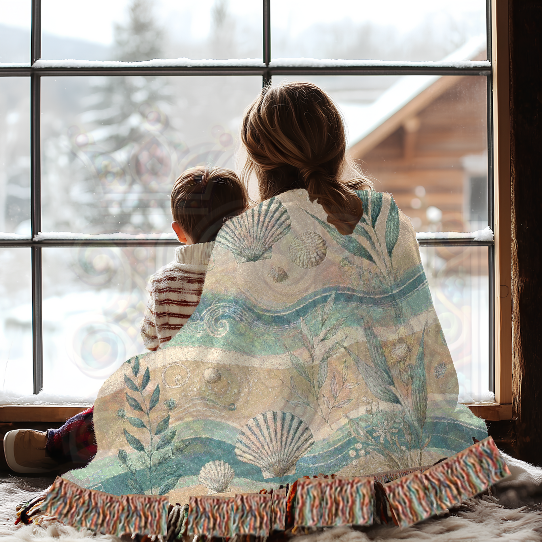 Coastal Woven Blanket – 100% Cotton Nautical Throw | Beach House Tapestry | Ocean-Inspired Shell & Seaweed Decor | Boho Coastal Gift