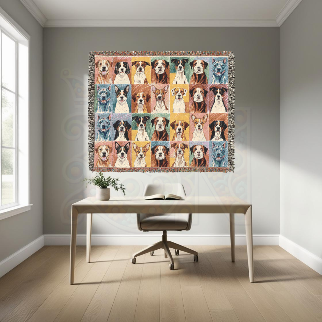 Dog Lover’s Portrait Blanket – Colorful Dog Breeds in Folk Art Style, 100% Cotton Woven Throw for Home Decor