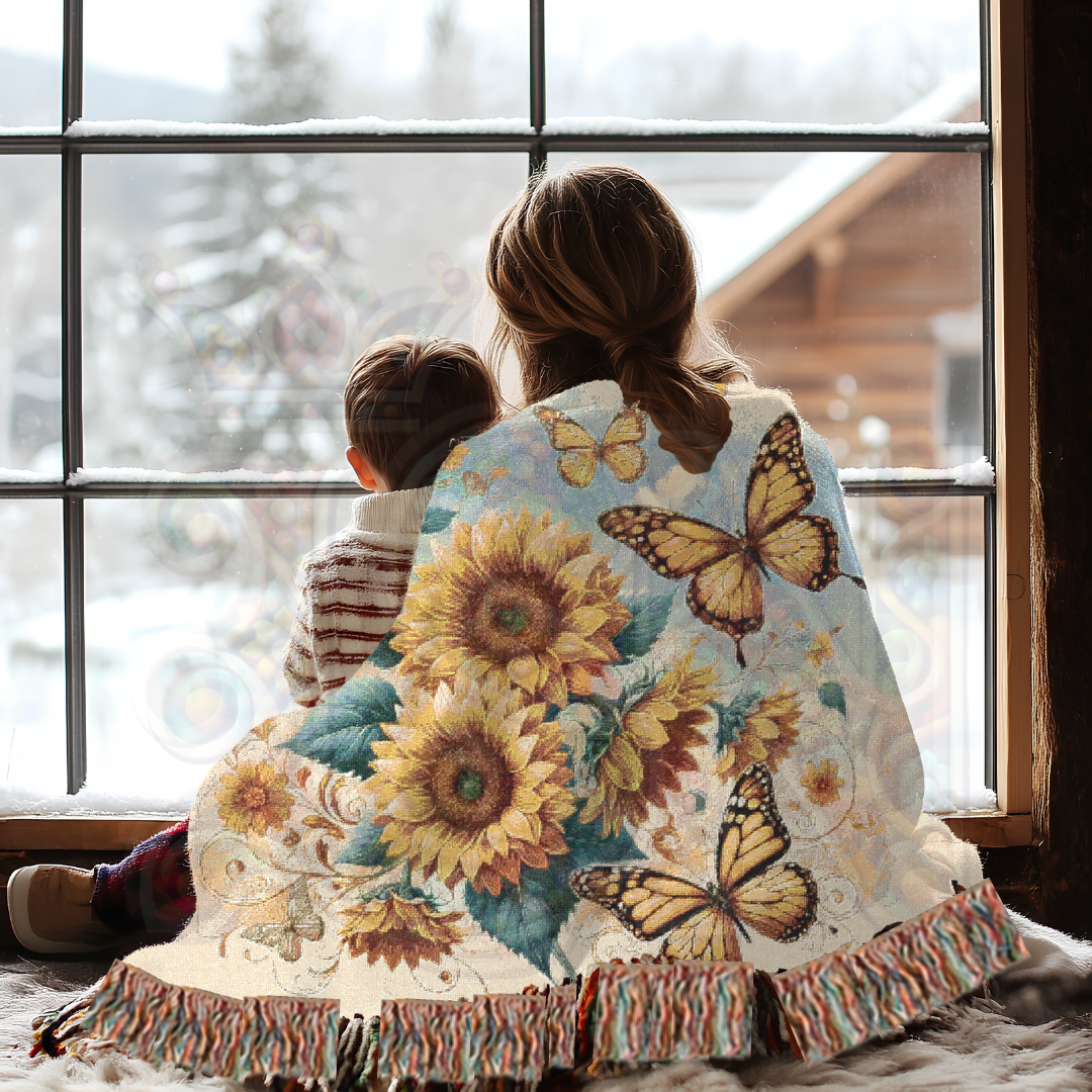 Sunflower Butterfly Woven Blanket – 100% Cotton Boho Throw 🌻 Cozy Cottagecore Tapestry, Nature-Inspired Home Decor, Rustic Farmhouse Gift