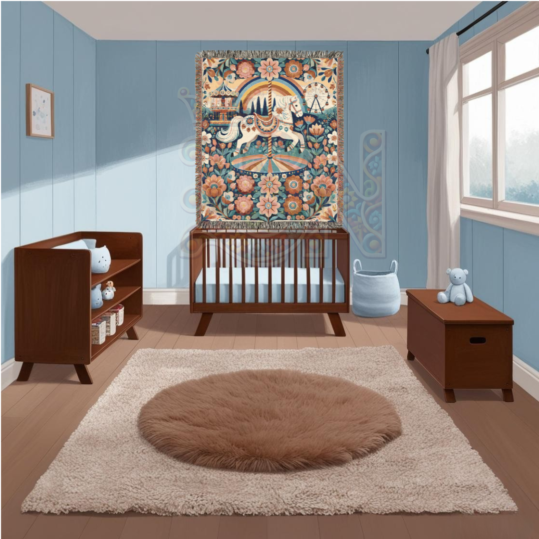 The Midnight Carousel – Folk Art Woven Throw Blanket with Carnival Horse and Florals