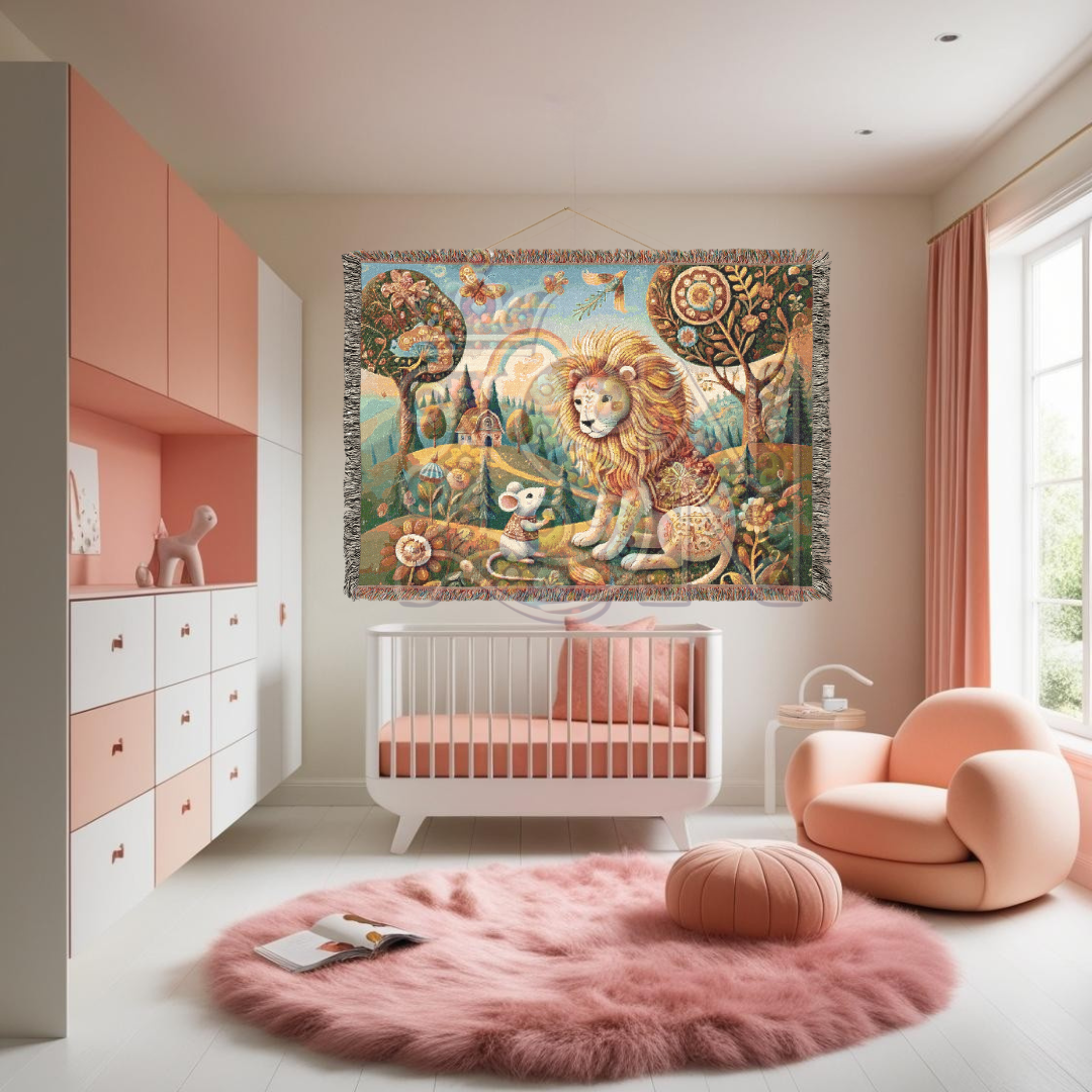 Enchanted Folk Art Woven Blanket – Storybook Lion & Mouse Tapestry | Cozy 100% Cotton Boho Woodland Throw, Nursery & Home Decor