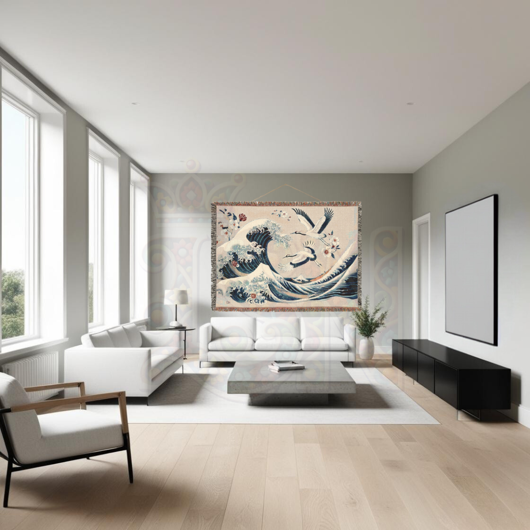Japanese Wave & Crane Woven Blanket – 100% Cotton Tapestry Elegant Ocean Throw, Traditional Art Home Decor, Ukiyo-e Inspired Gift