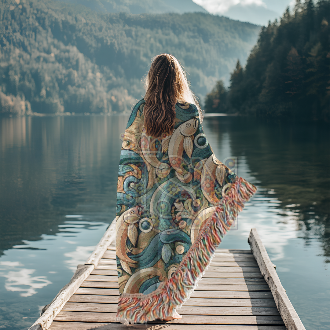 River Dance Folk Art Woven Blanket – Vibrant Fish & Flowing Water Nature-Inspired Throw