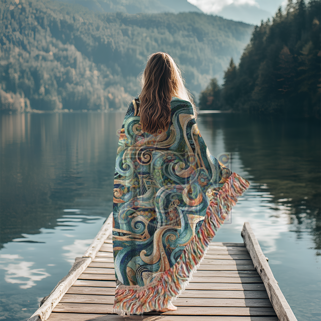 Abstract Ocean Waves Woven Throw Blanket – Tribal Inspired Cotton Tapestry