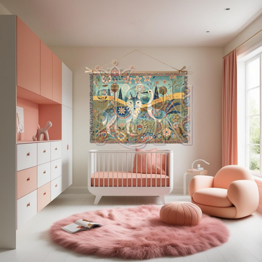 Boho Mystical Wolf & Crane Tapestry Blanket – Folk Art Nordic Woven Throw, Whimsical Animal Decor for Dreamy Homes & Cozy Spaces
