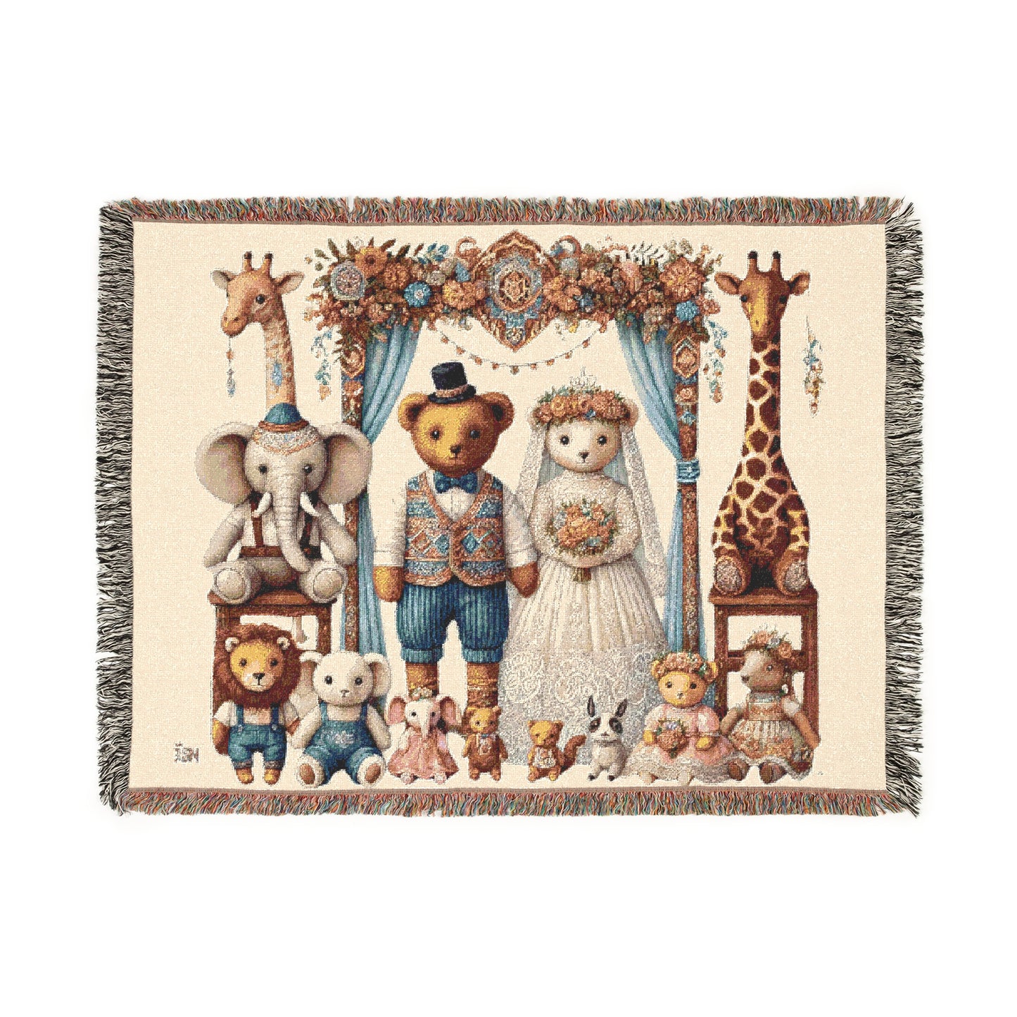Teddy Bear Wedding Woven Blanket – 100% Cotton Vintage-Inspired Throw for Nursery, Wedding Gift, & Cozy Home Decor | Heirloom Tapestry for Storybook Lovers