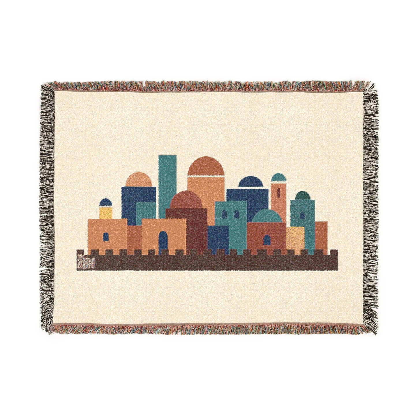 Jerusalem Skyline Modern Judaica Woven Blanket – Contemporary Cityscape Tapestry Throw, Neutral Home Decor, Heirloom Gift