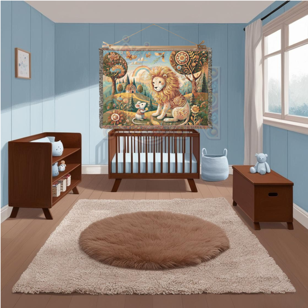 Enchanted Folk Art Woven Blanket – Storybook Lion & Mouse Tapestry | Cozy 100% Cotton Boho Woodland Throw, Nursery & Home Decor