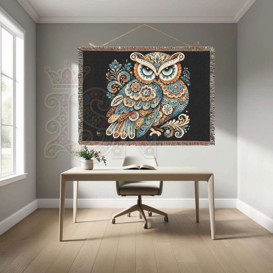 Boho Blue & Gold Owl Woven Blanket – 100% Cotton Tapestry Throw, Ornate Nature Decor, Elegant Couch Blanket, Nordic Owl Art Gift