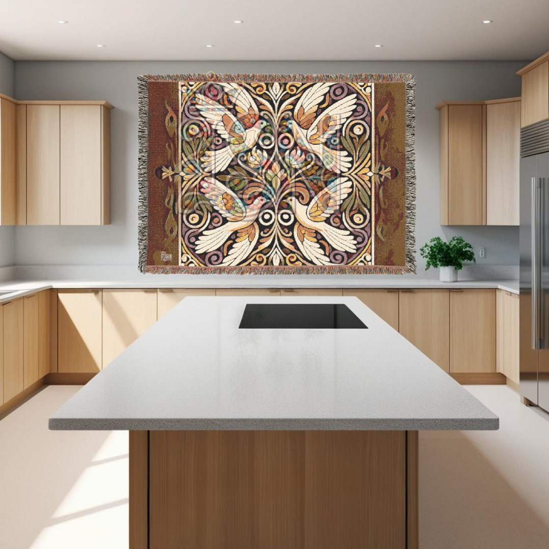Four Doves Harmony Folk Art Woven Blanket – Peaceful Unity Throw with Ornamental Floral Design