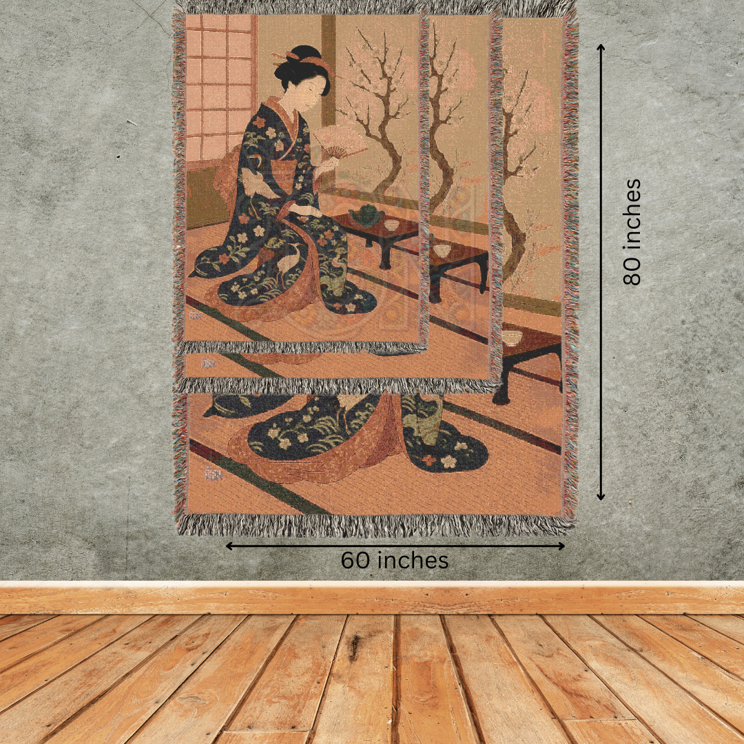 Reading by the Window Blanket – Geisha in Spring Woven Blanket – Japanese-Inspired Tapestry Throw with Cherry Blossoms