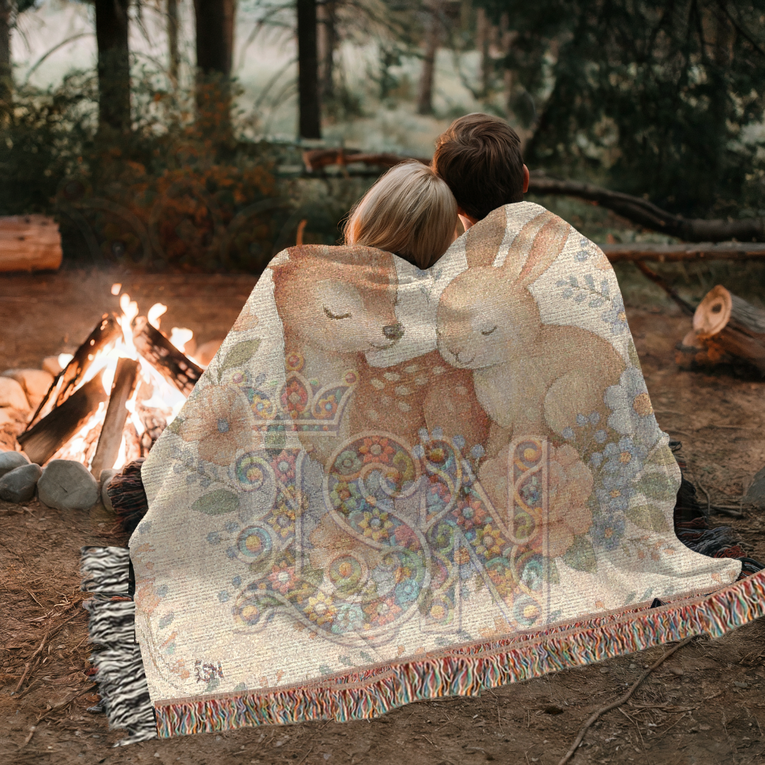 Tender Friends Nursery Gentle Deer & Bunny Floral Woven Blanket – Cozy 100% Cotton Baby Throw