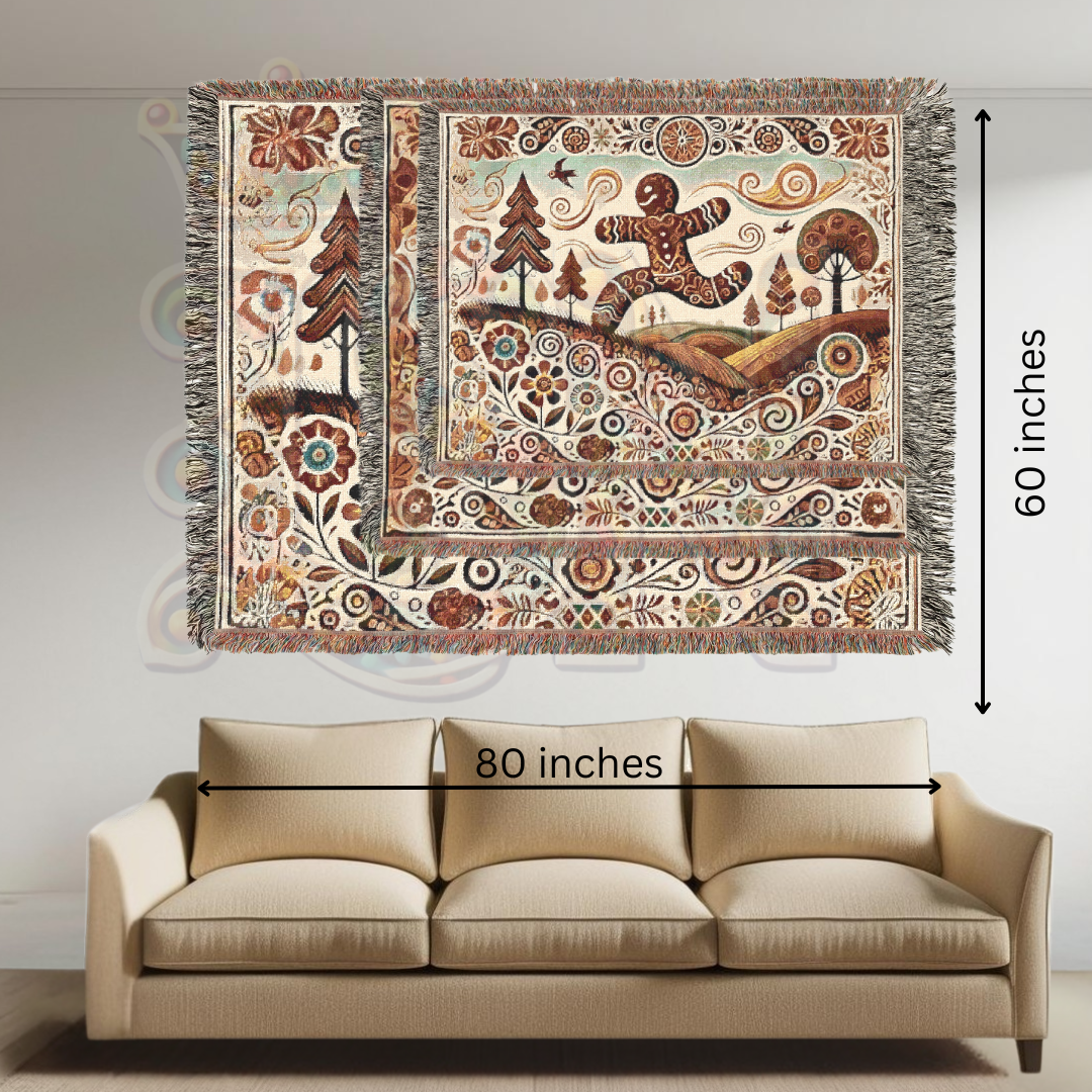 Whimsical Gingerbread Village Woven Blanket – Cozy Folk Art