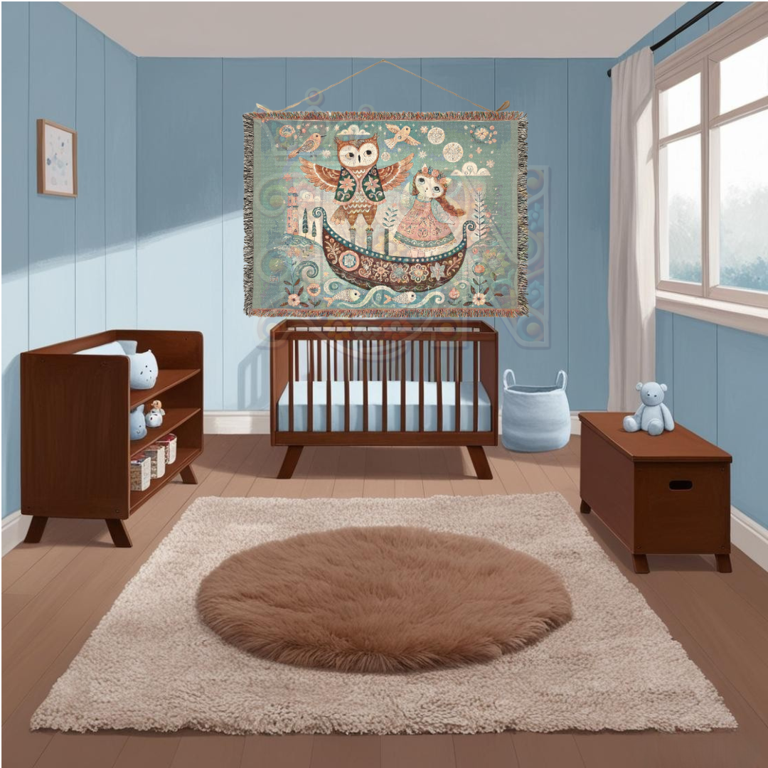 Owl & Pussycat Folk Art Woven Blanket, 100% Cotton Tapestry – Whimsical Storybook Throw, Boho Light Cottagecore Decor, Unique Gift for Dreamers