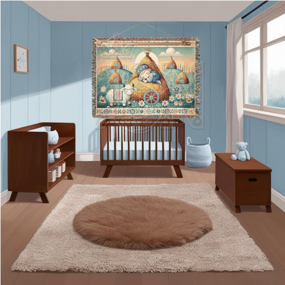 Little Boy Blue Inspired Cozy Farm Woven Blanket – 100% Cotton Tapestry Throw – Sleeping Boy & Sheep Pastoral Scene, Rustic Country Decor, Folk Art Style