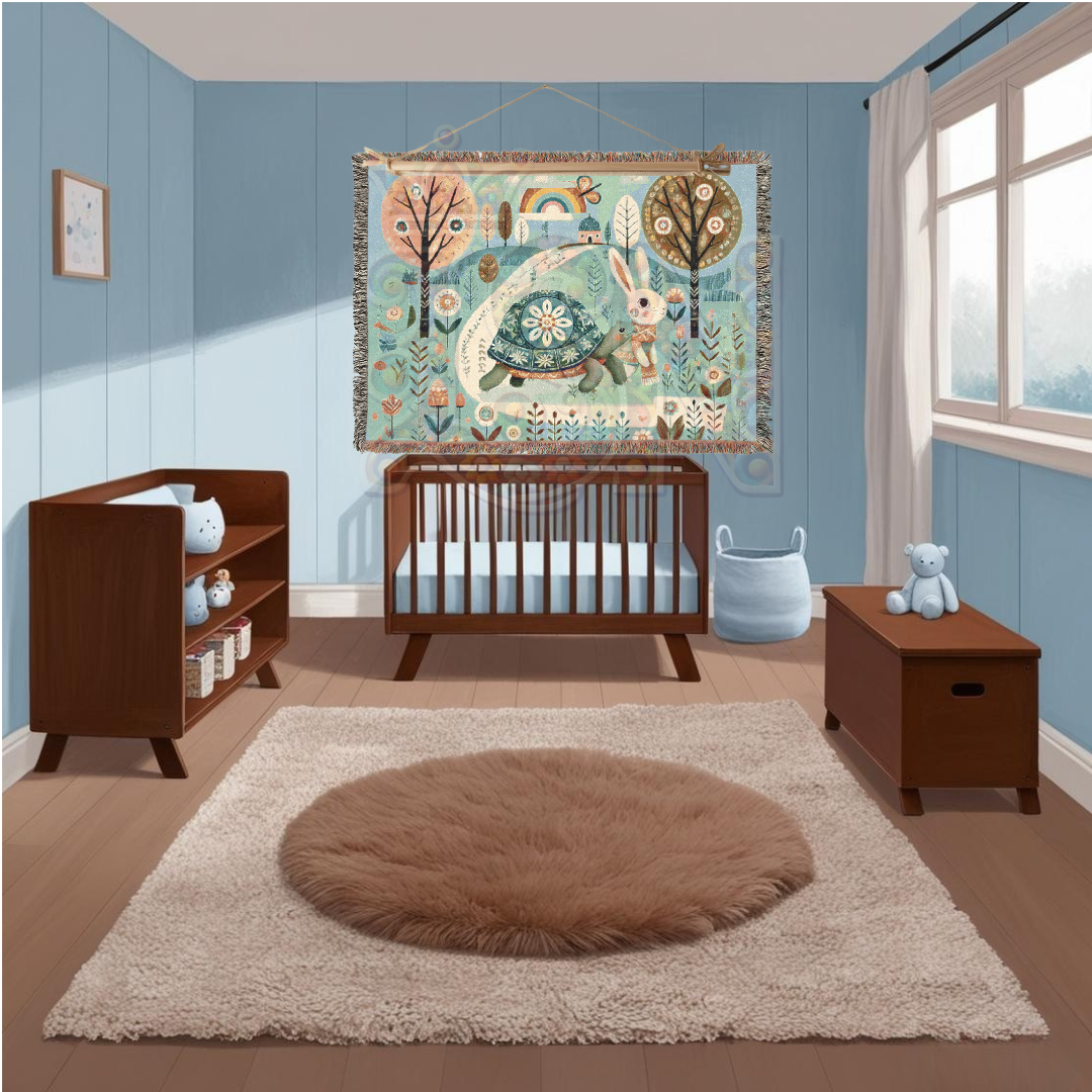 Whimsical Folk Art Woven Blanket – Tortoise & Hare Race | 100% Cotton Cozy Throw | Nursery, Cottagecore & Storybook-Inspired Décor