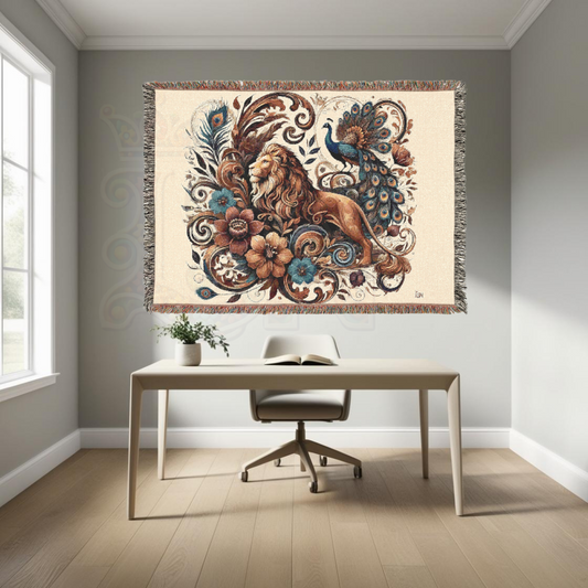 Regal Companions – Woven Blanket with Baroque Lion, Peacock & Floral Scrolls