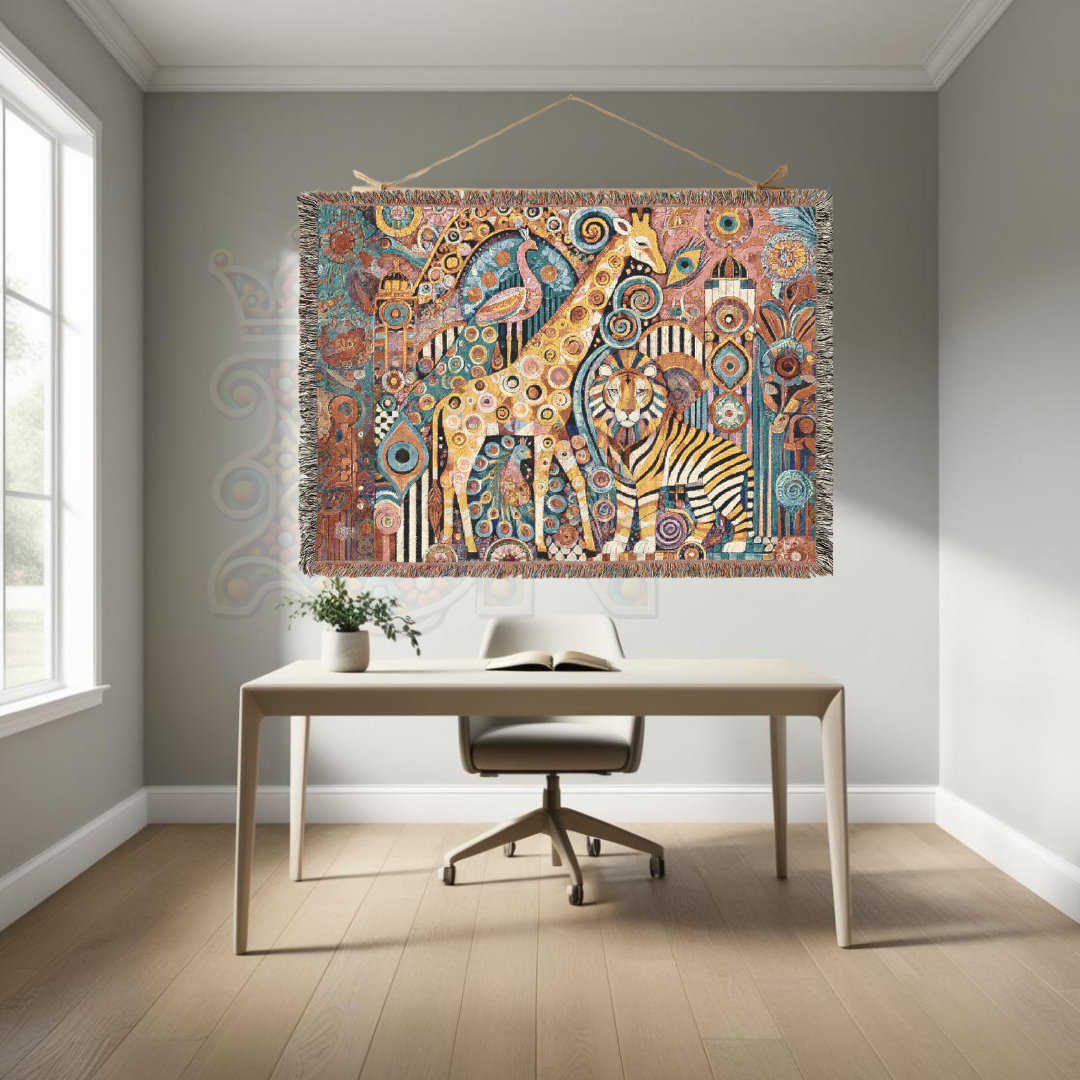 Abstract Safari Animal Woven Blanket – Giraffe, Lion & Zebra Boho Tapestry, Vibrant Folk Art Wildlife Decor, Cozy Jungle-Inspired Throw