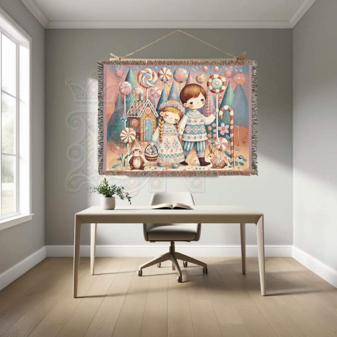 Hansel & Gretel Inspired Enchanted Candyland Village – Fairytale Woven Blanket