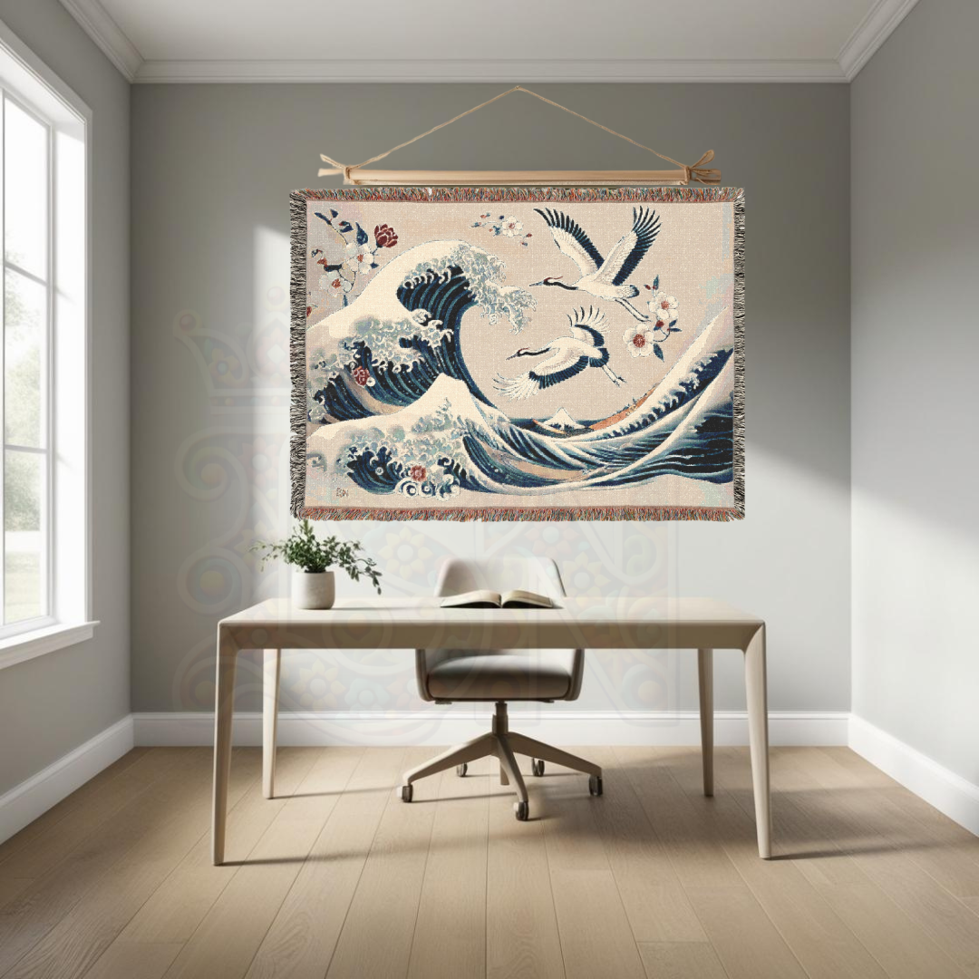 Japanese Wave & Crane Woven Blanket – 100% Cotton Tapestry Elegant Ocean Throw, Traditional Art Home Decor, Ukiyo-e Inspired Gift