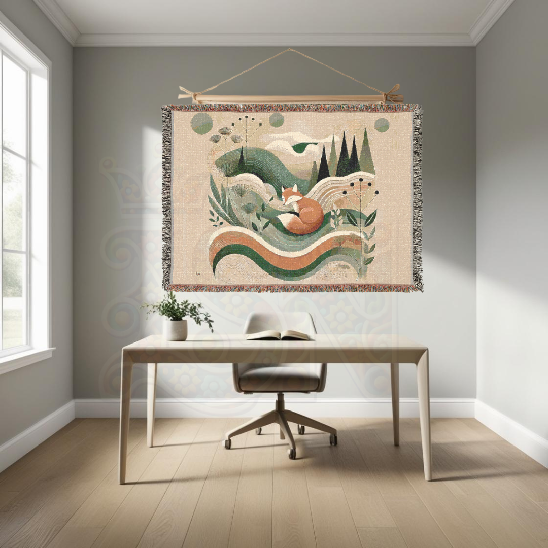 Fox Woven Blanket - 100% Cotton Nature Throw, Cozy Woodland Decor, Boho Tapestry, Minimalist Forest Aesthetic, Unique Art Gift