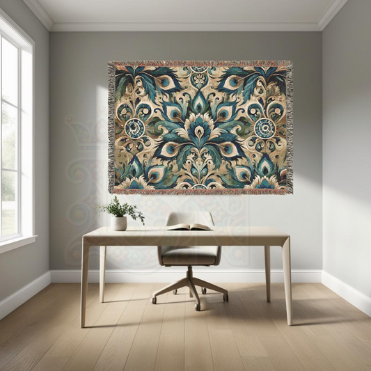 Peacock Feather Inspired Woven Blanket | Luxurious Baroque Cotton Tapestry | Elegant Boho Throw | Ornate Home Decor | Vintage-Inspired Gift