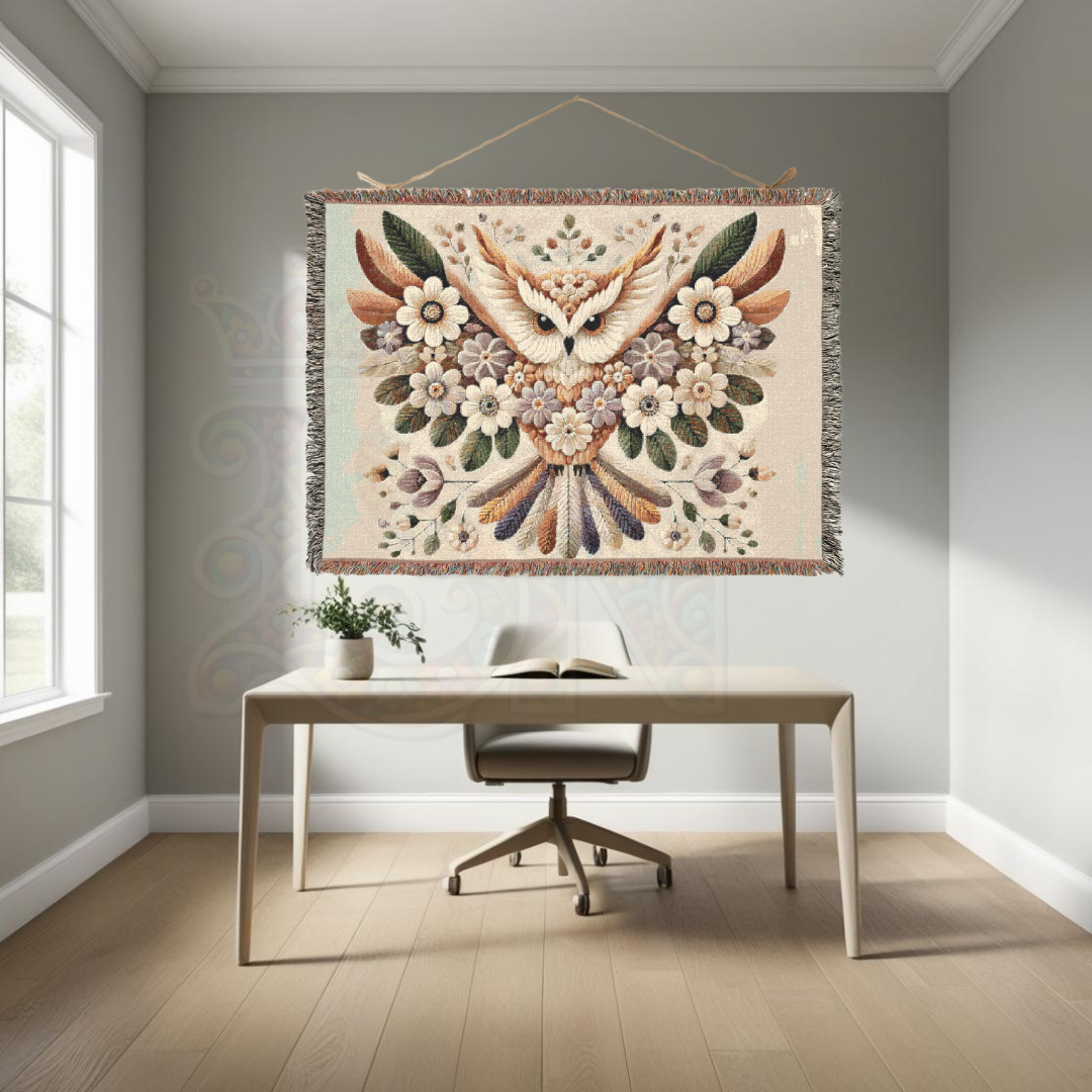 Floral Owl Woven Blanket – Cottagecore Boho Throw, 100% Cotton, Nature-Inspired Home Decor, Cozy Gift for Bird Lovers
