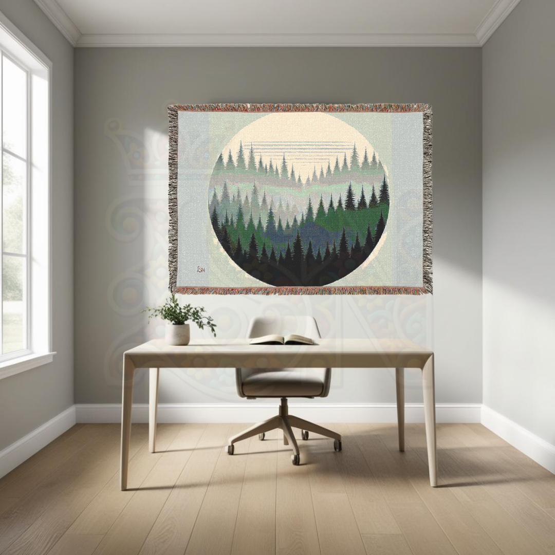 Forest Circle Minimalist Woven Blanket, Layered Woodland Pines Cozy Throw, Nature Inspired Home Decor Gift