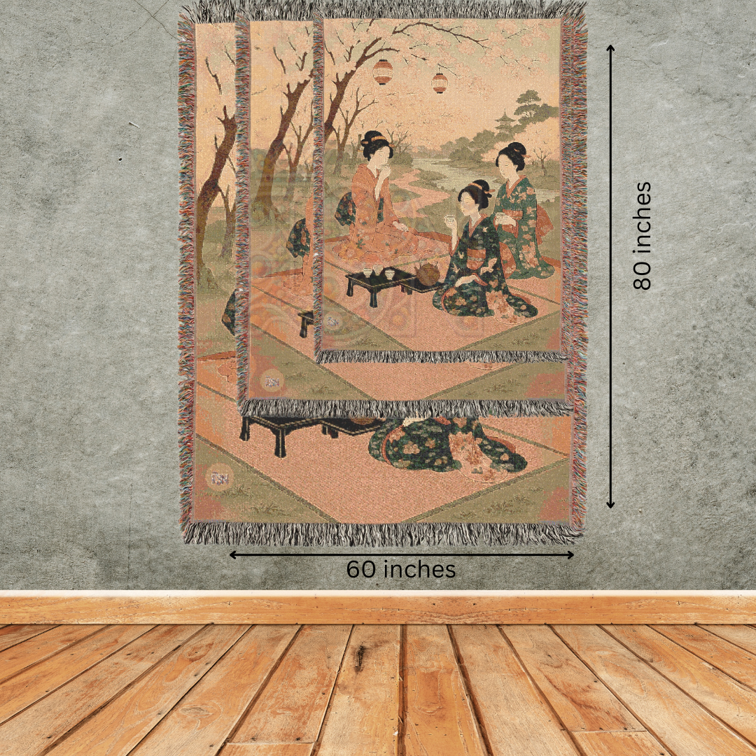 Blossom Gathering – Woven Blanket with Spring Picnic and Kimono-Clad Figures